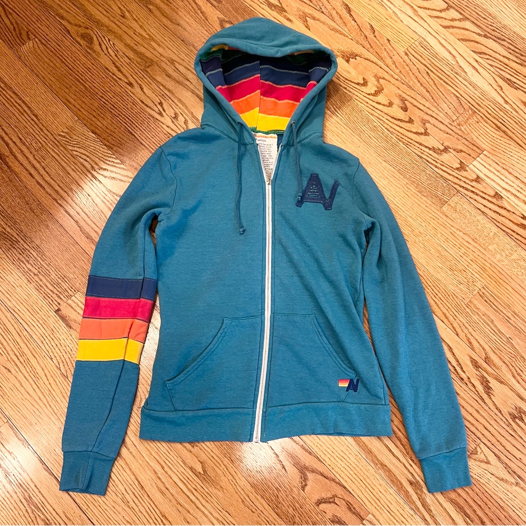 Rare Aviator Nation Signature Rainbow Hood Hoodie Zip Sweatshirt Blue Medium